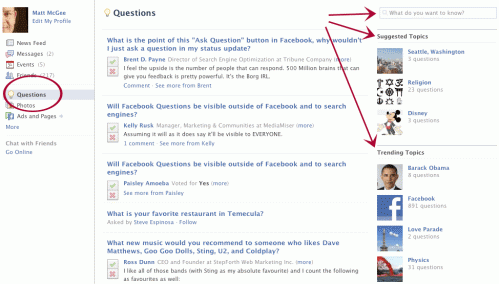 facebook questions main page